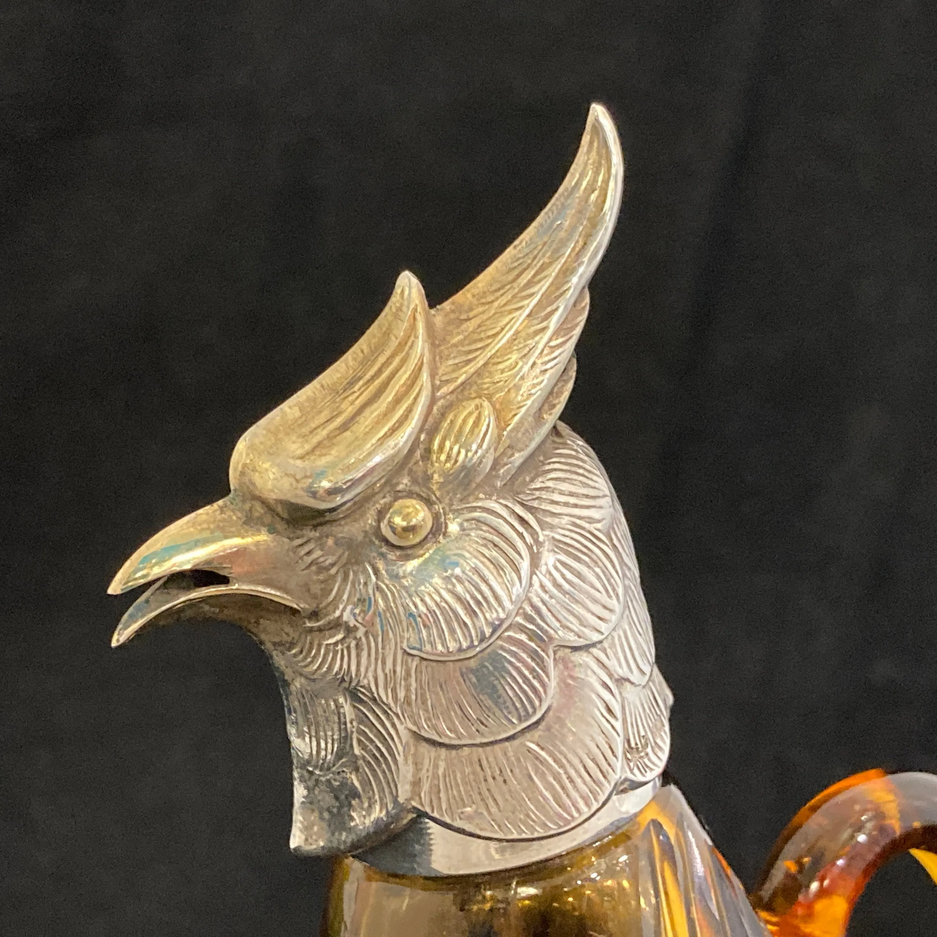Pair of silver Whiskey noggins in the shape of cockatoos parrots