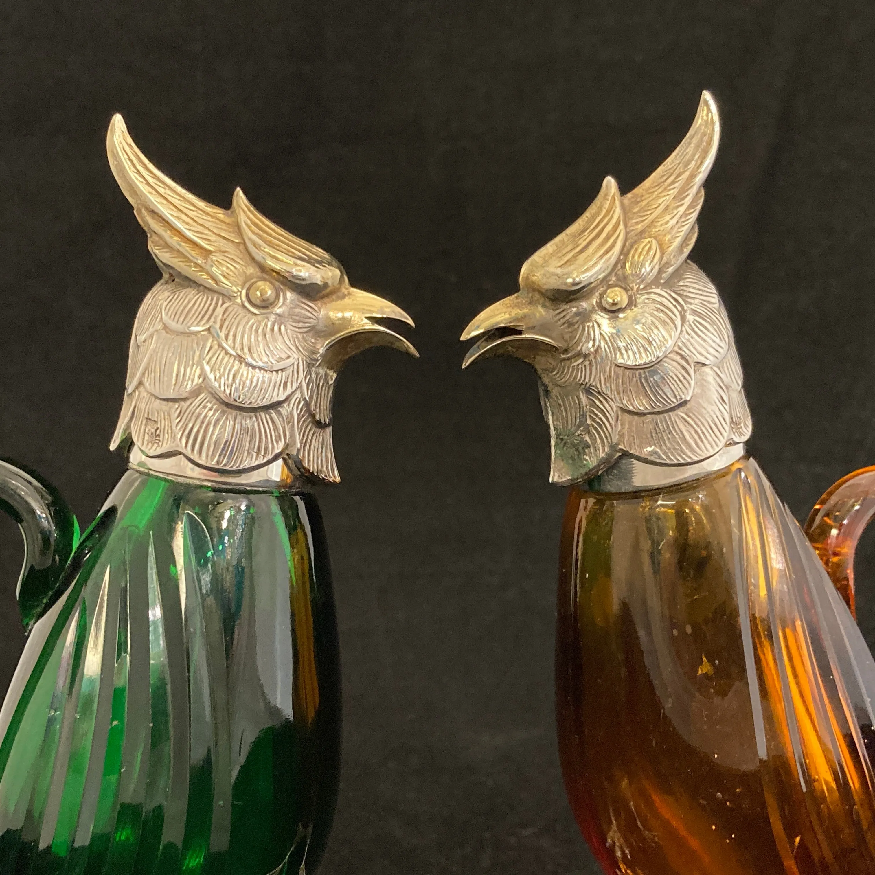 Pair of silver Whiskey noggins in the shape of cockatoos parrots