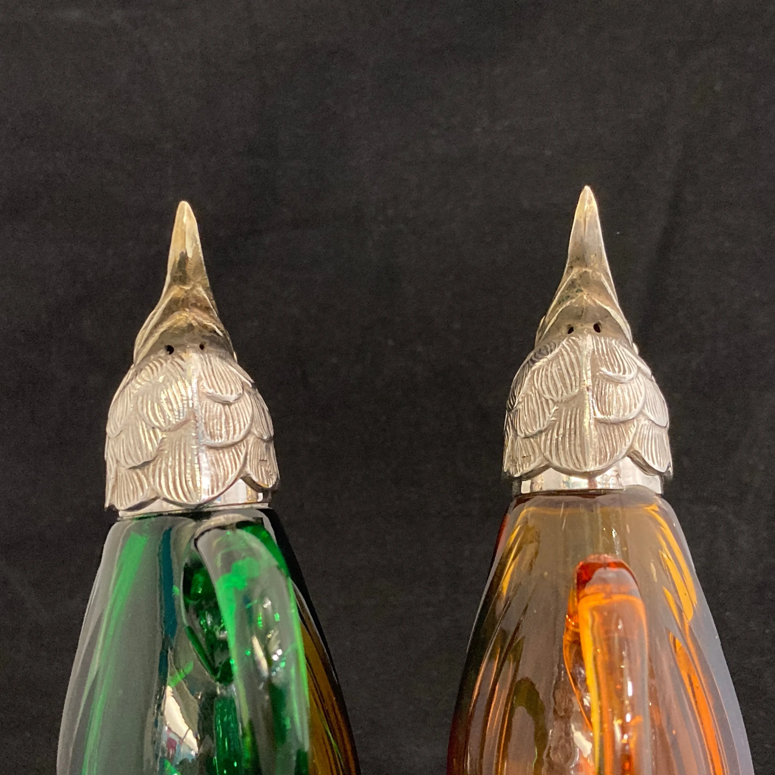Pair of silver Whiskey noggins in the shape of cockatoos parrots