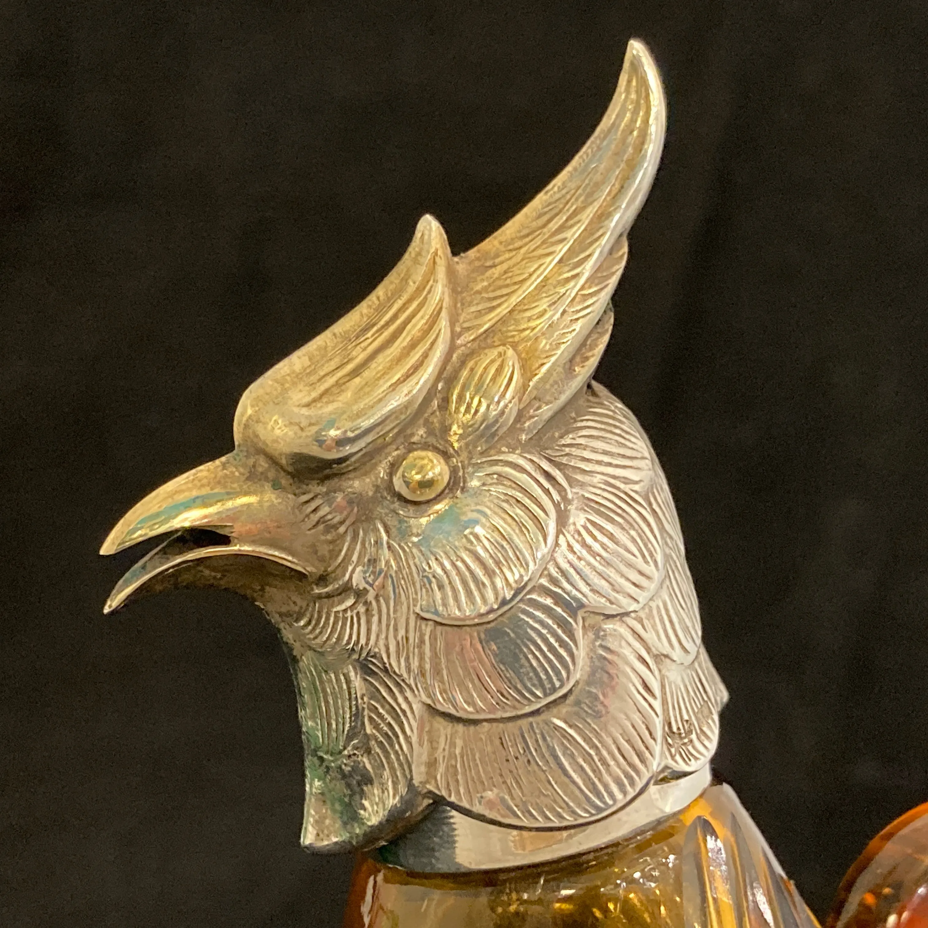 Pair of silver Whiskey noggins in the shape of cockatoos parrots