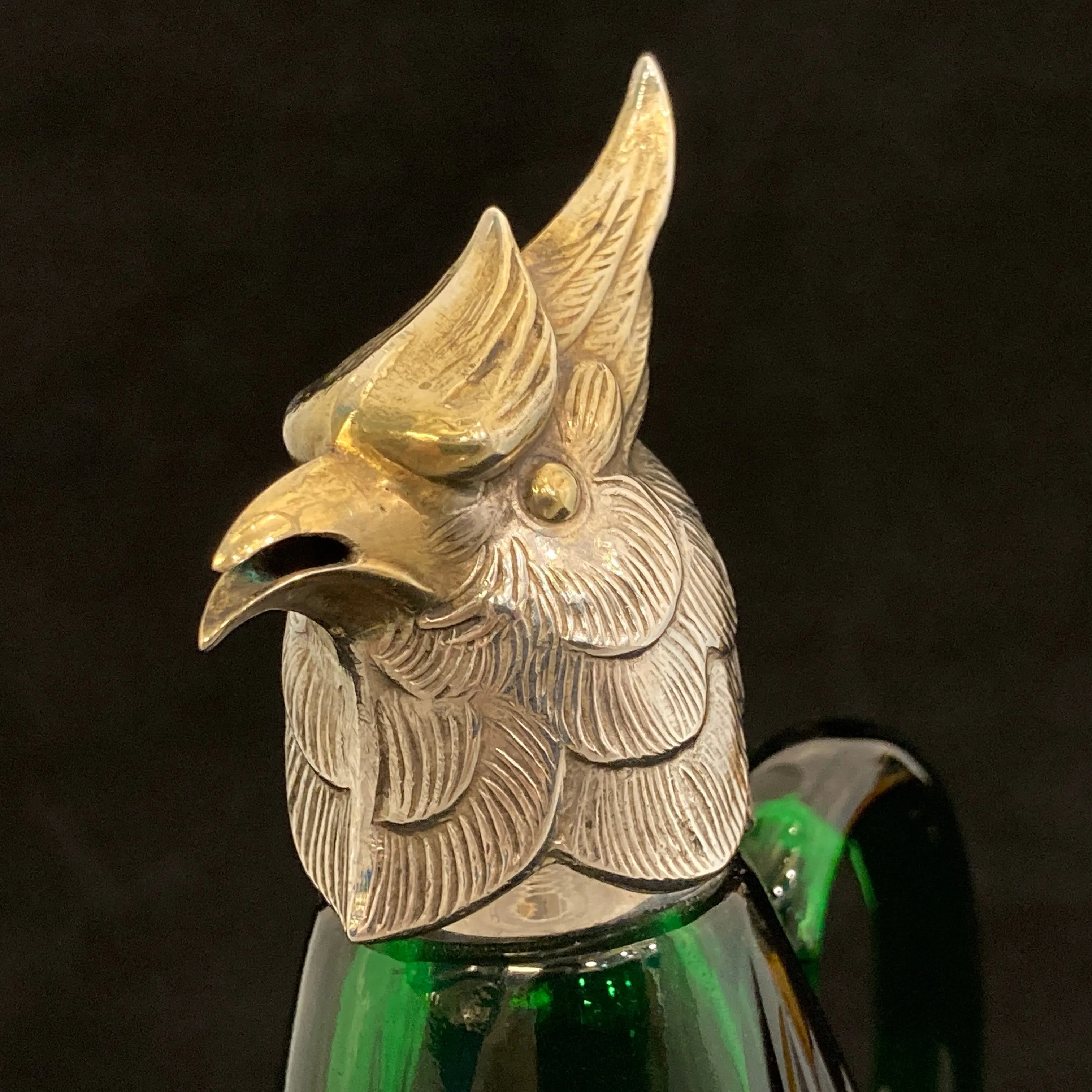 Pair of silver Whiskey noggins in the shape of cockatoos parrots