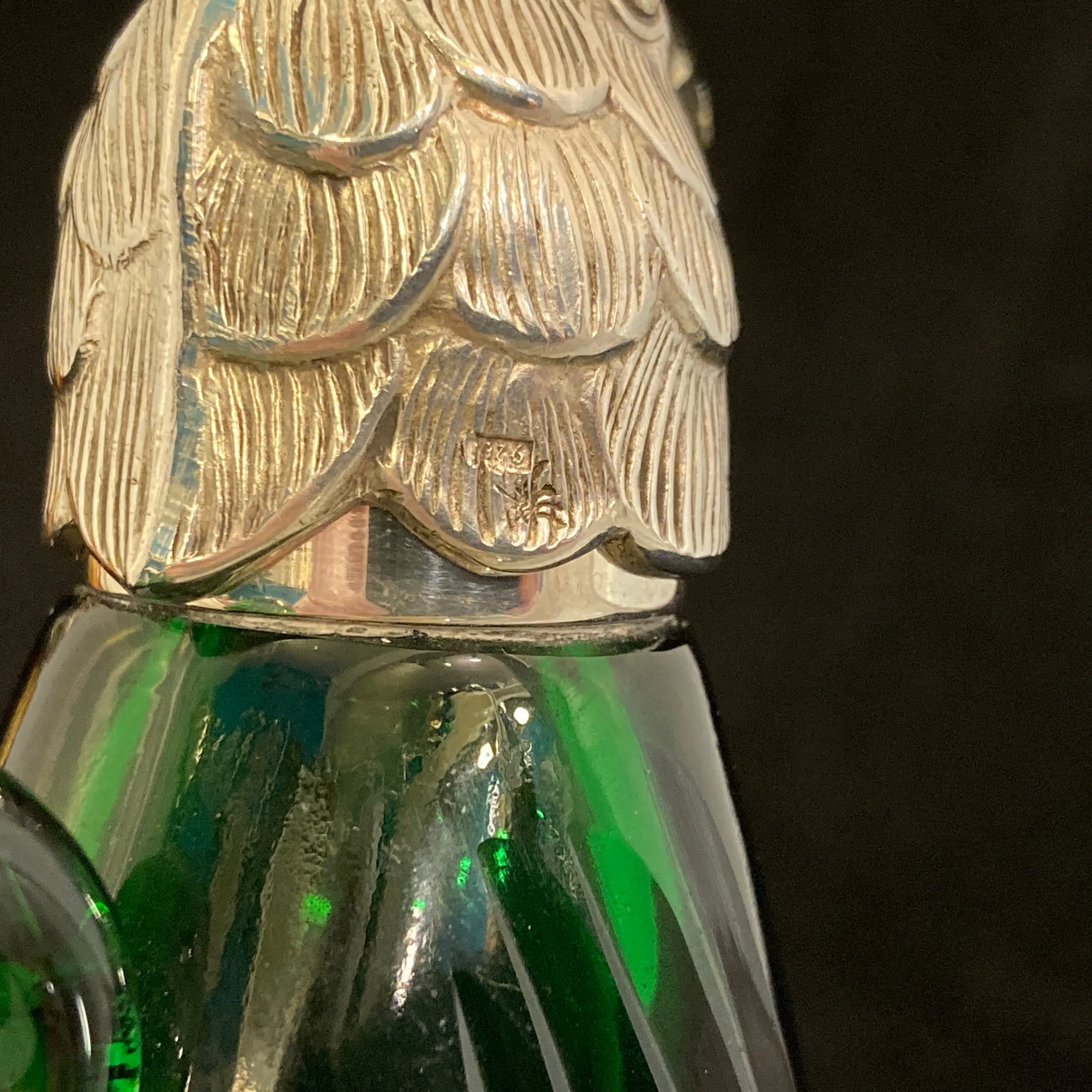 Pair of silver Whiskey noggins in the shape of cockatoos parrots