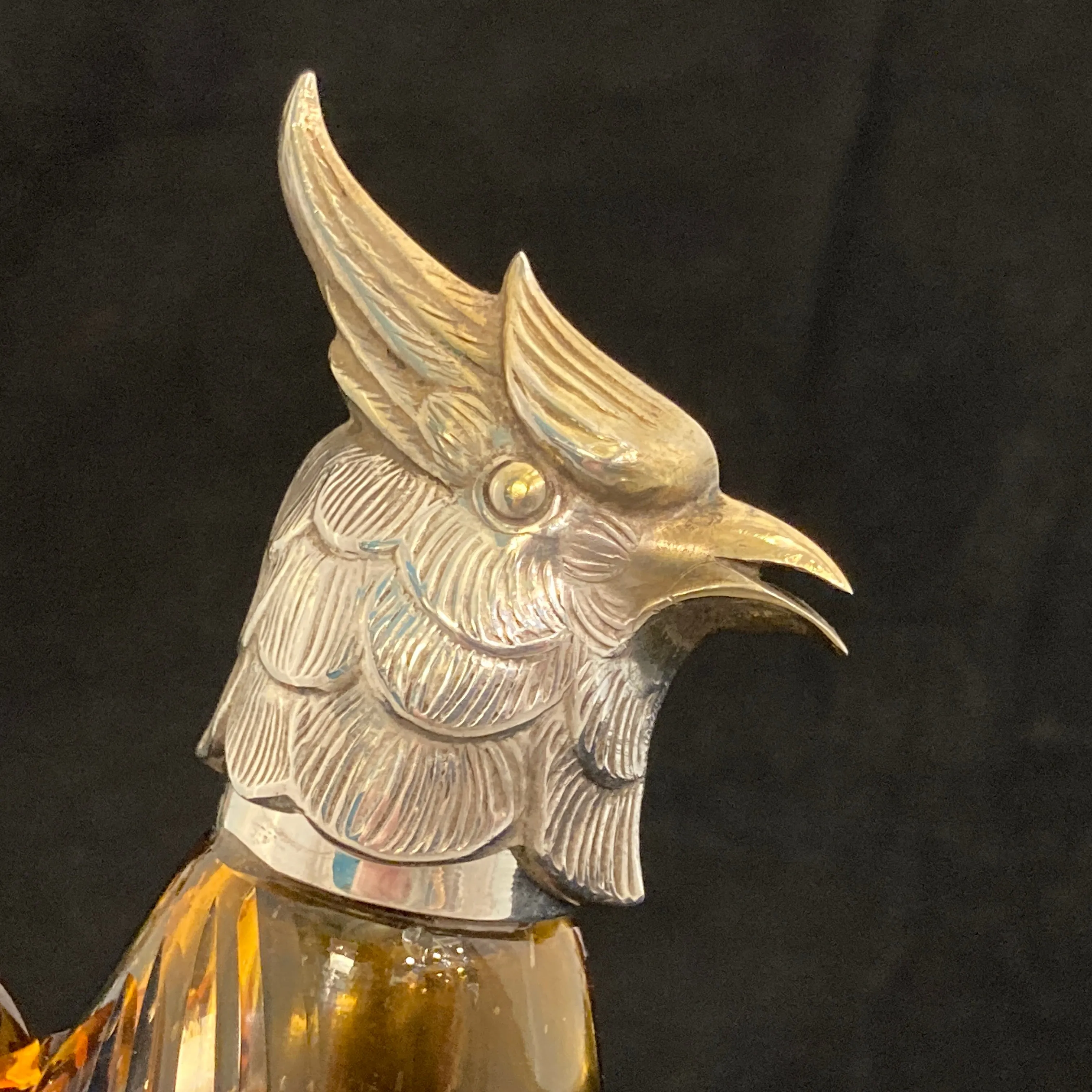 Pair of silver Whiskey noggins in the shape of cockatoos parrots