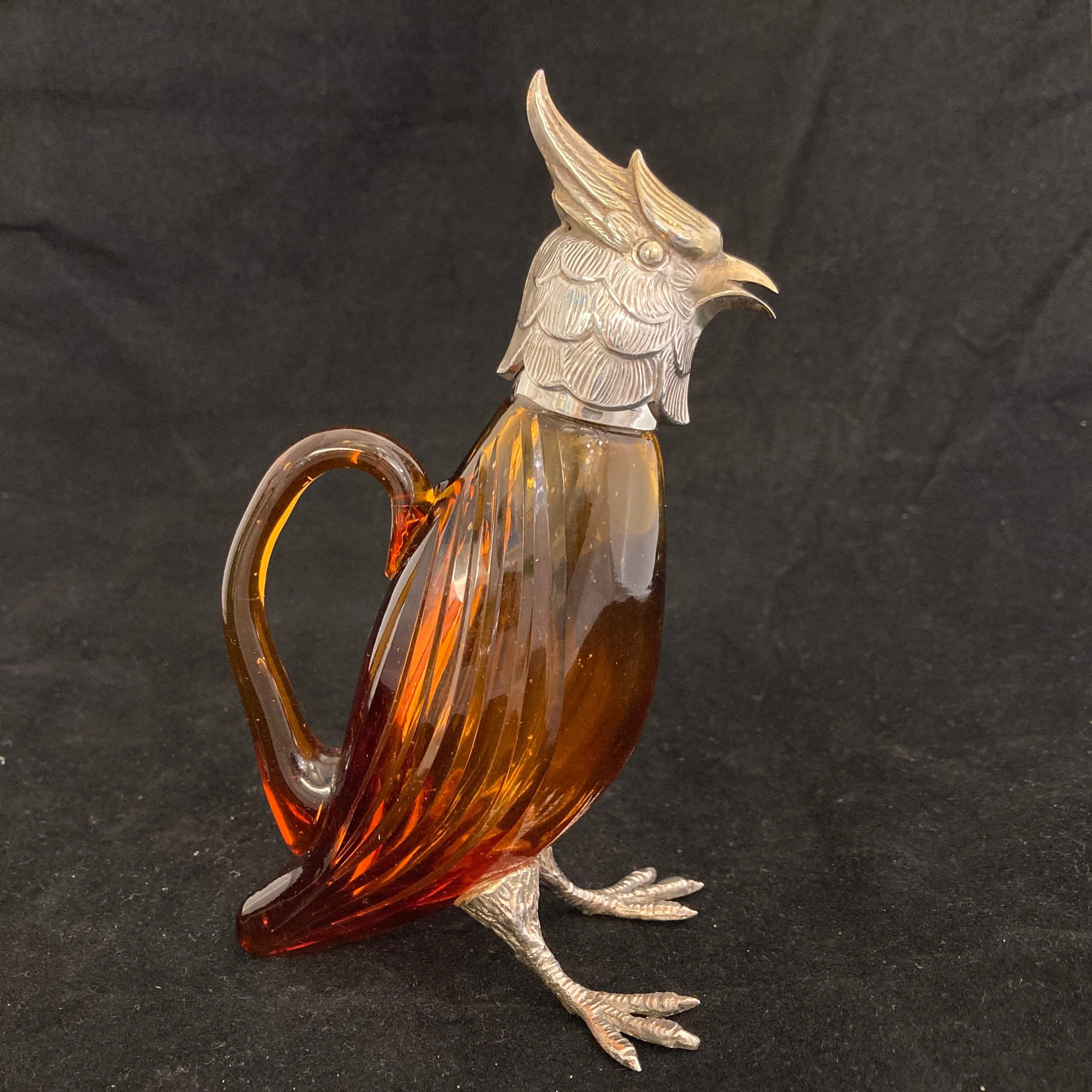 Pair of silver Whiskey noggins in the shape of cockatoos parrots