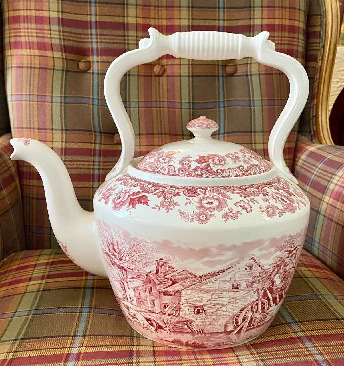 Spode Ltd Edition #77 of 300 Giant Tea Kettle Red Transferware Cows Cattle Farm Farmstead Duncan Rural Scenes