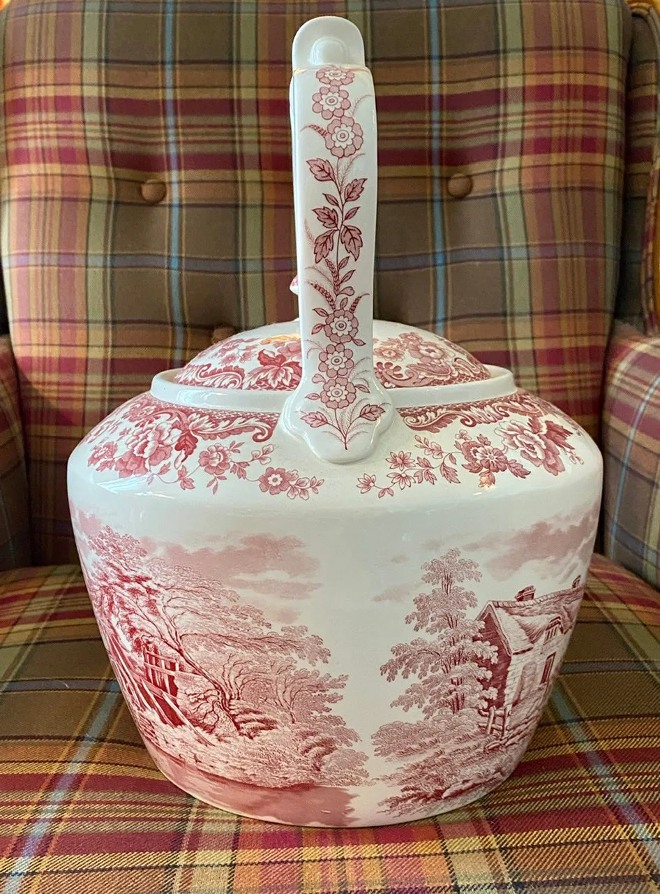 Spode Ltd Edition #77 of 300 Giant Tea Kettle Red Transferware Cows Cattle Farm Farmstead Duncan Rural Scenes