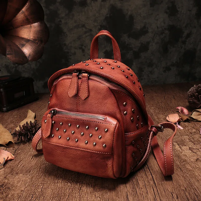 Studded Genuine Leather Mini Backpack Purse For Women