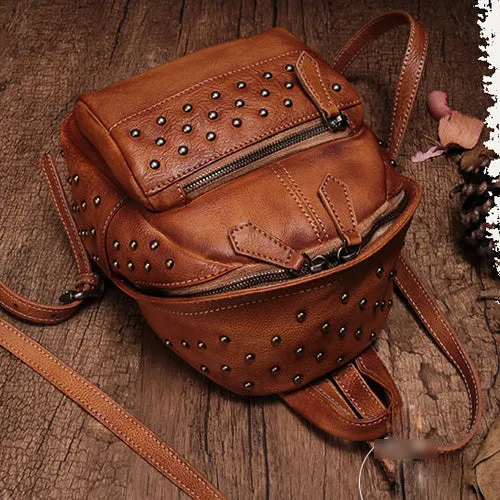 Studded Genuine Leather Mini Backpack Purse For Women