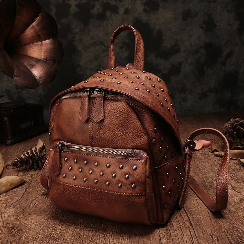 Studded Genuine Leather Mini Backpack Purse For Women