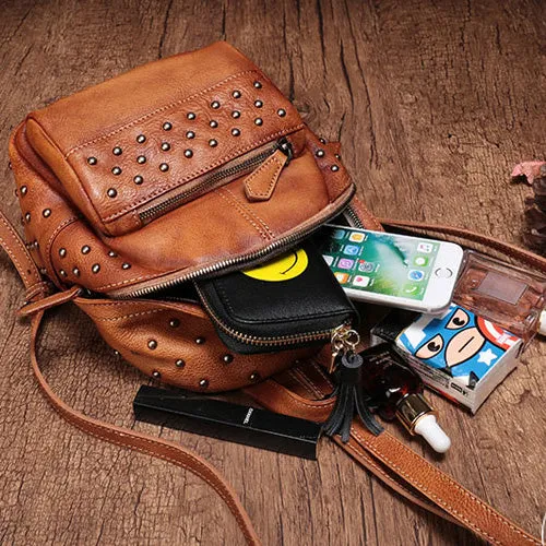 Studded Genuine Leather Mini Backpack Purse For Women