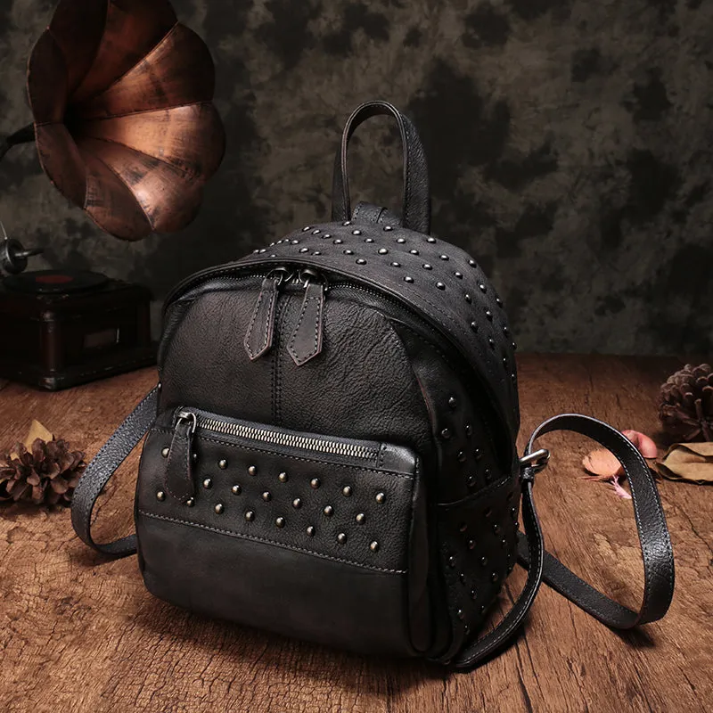 Studded Genuine Leather Mini Backpack Purse For Women