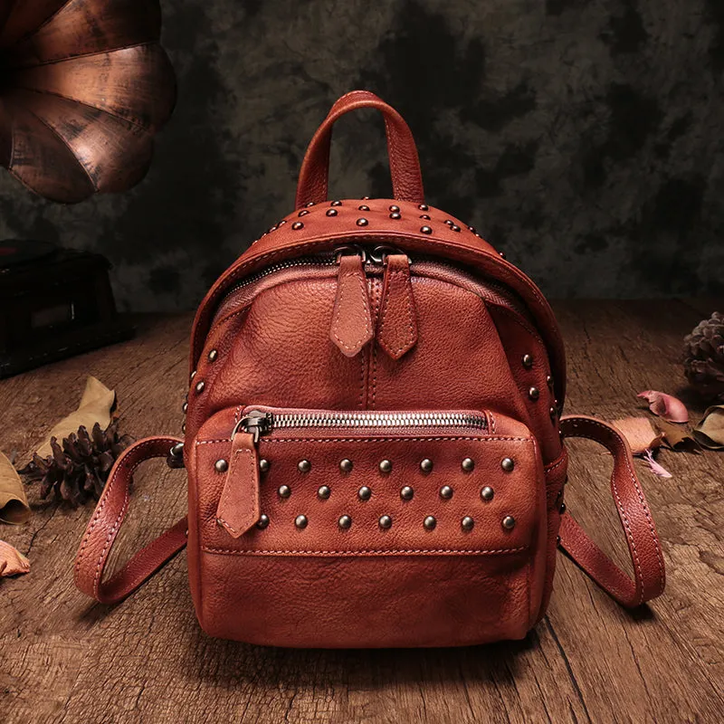 Studded Genuine Leather Mini Backpack Purse For Women