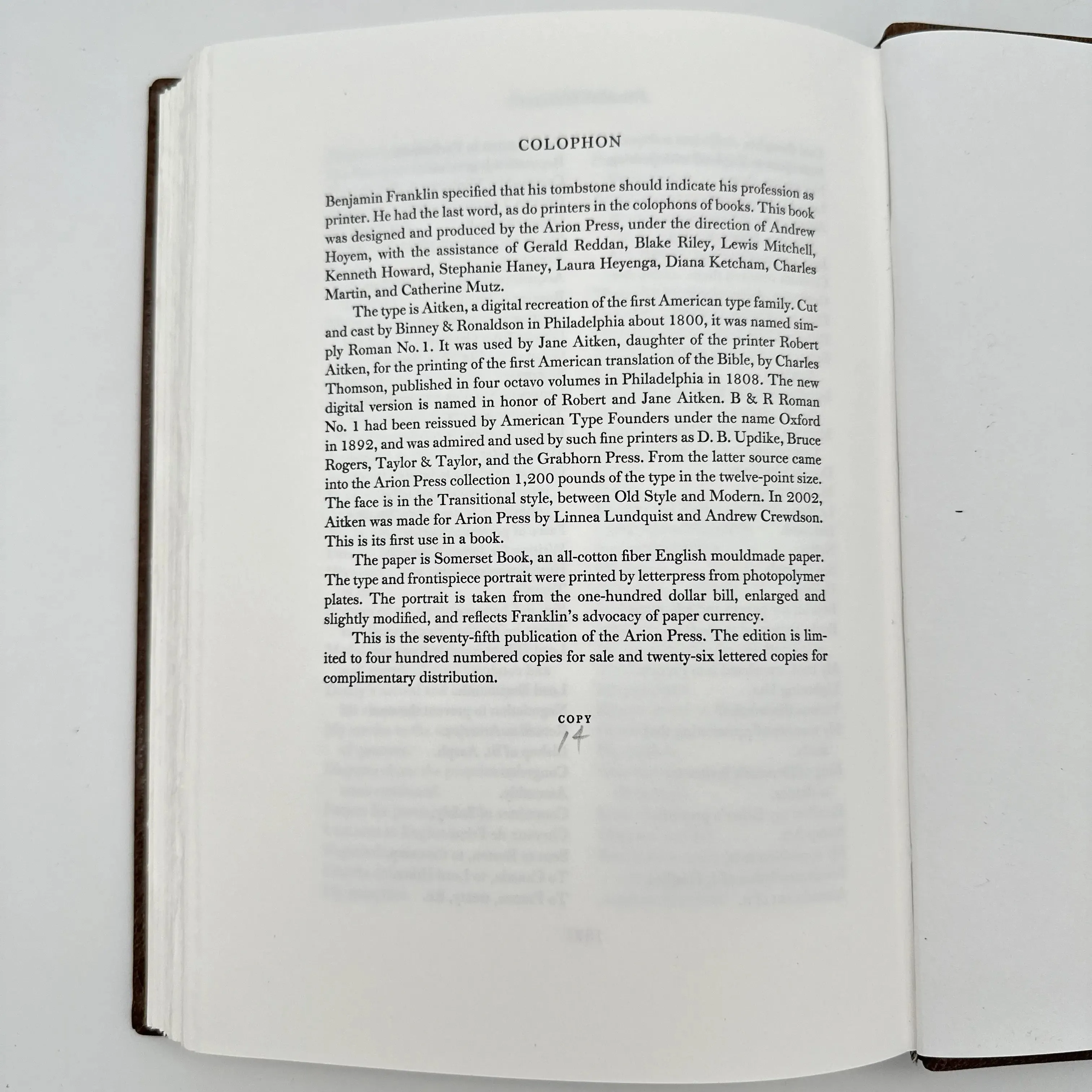 The Memoirs of Benjamin Franklin - From Arion Press — Numbered edition in brown goatskin with a gilt stamp profile on the cover
