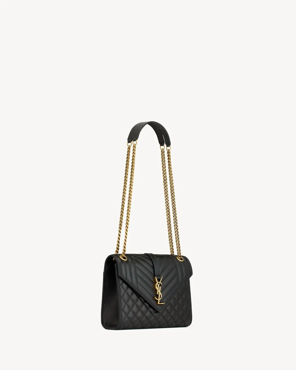 YSL Hand Bag- ENVELOPE LINE MEDIUM CHAIN BAG IN SUPPLE MATELASSÉ LEATHER Black and Gold